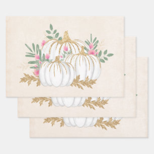 Feuille De Papier Cadeau Aquarelle blanche et Citrouille or