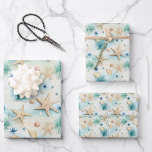 Feuille De Papier Cadeau Aquarelle bleu beige bleu Starfish transparent