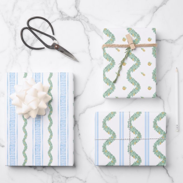 Feuille De Papier Cadeau Aquarelle bleu Bow Fruit Garland Noël (Recto)