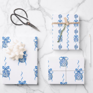 Feuille De Papier Cadeau Aquarelle Bleu Chinoiserie Ornements Noël