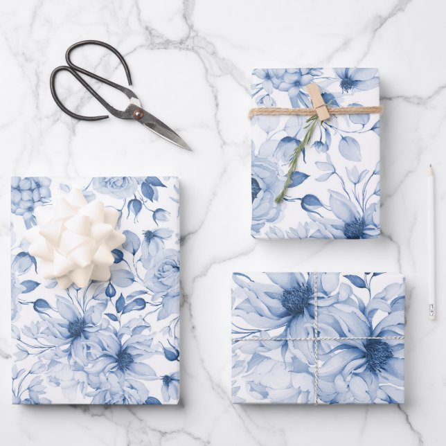 Feuille De Papier Cadeau Aquarelle Bleu et Blancs (Recto)