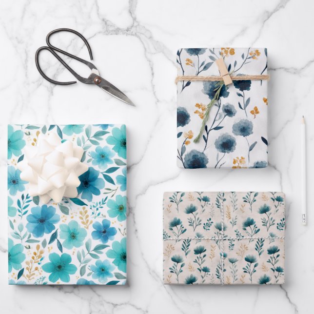 Feuille De Papier Cadeau Aquarelle Bleu Fleur sauvage esthétique Floral (Recto)