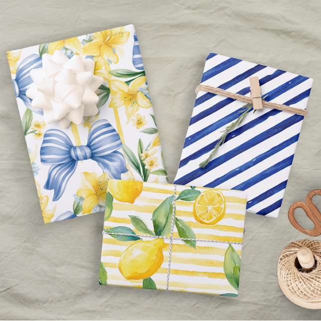 Feuille De Papier Cadeau Aquarelle bleu jaune Citrons Bows Stripes (Créateur téléchargé)
