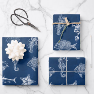 Feuille De Papier Cadeau Aquarelle bleu marine Océan Animaux marins