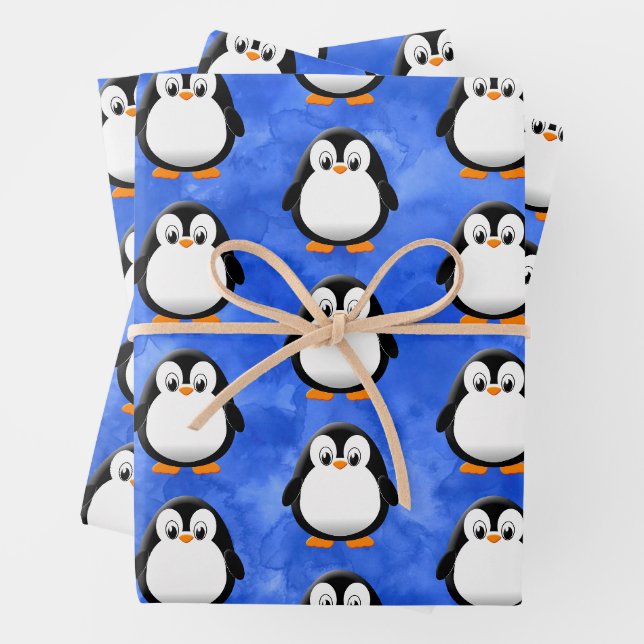 Feuille De Papier Cadeau Aquarelle bleu Pingouin Cute (En situation)