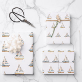 Feuille De Papier Cadeau Aquarelle Bleue Bleu Bande Voilier