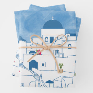 Feuille De Papier Cadeau Aquarelle bleue et blanche Santorin Grèce