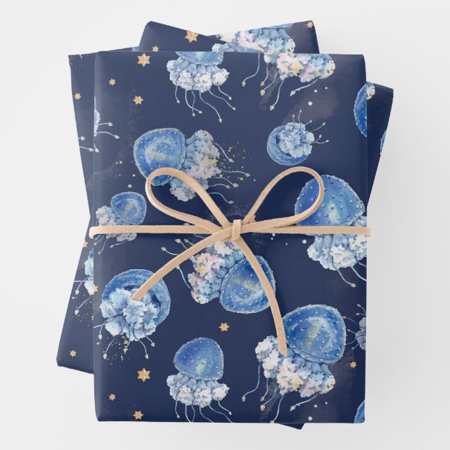 Feuille De Papier Cadeau Aquarelle bleue Jellis (En situation)