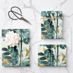 Feuille De Papier Cadeau Aquarelle bleue personnalisée Vert Floral