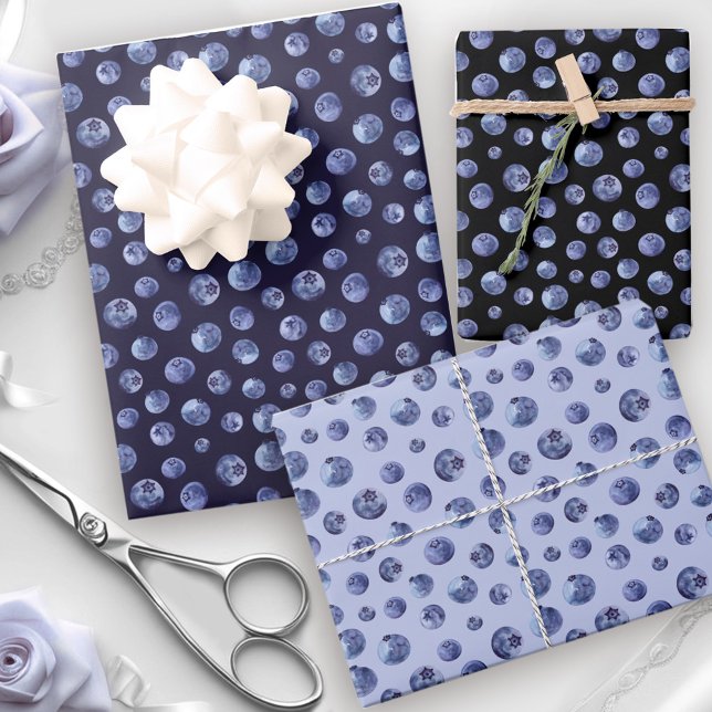 Feuille De Papier Cadeau Aquarelle Bleus Motif Bleu (Watercolor Blueberries Pattern Blue Wrapping Paper Sheets)