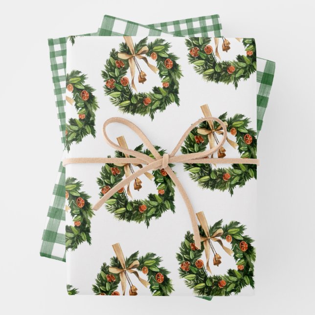 Feuille De Papier Cadeau Aquarelle Boho Orange Slice Wreath Noël (En situation)