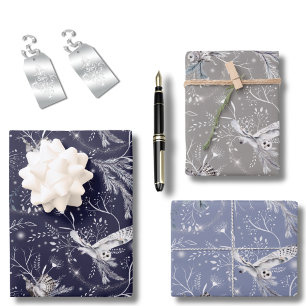 Feuille De Papier Cadeau Aquarelle botanique du hibou d'hiver ou de Noël