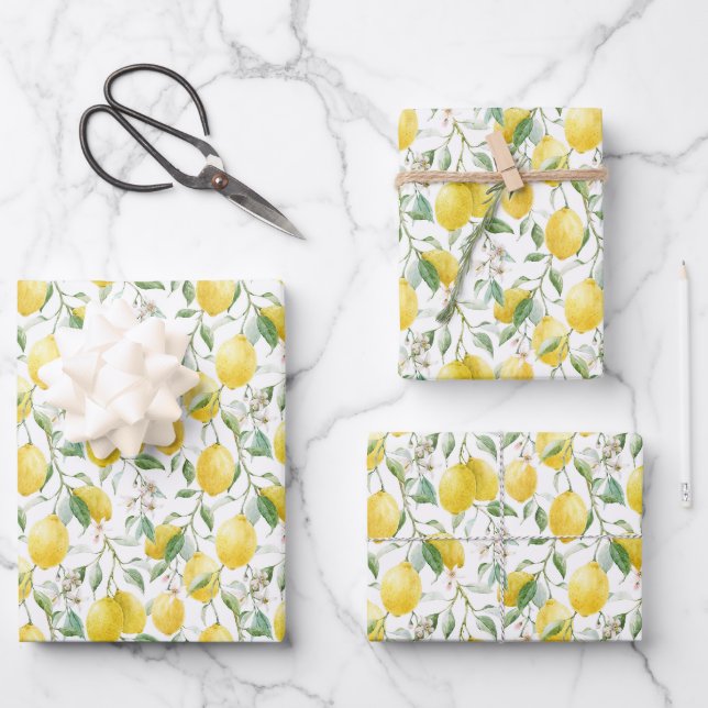 Feuille De Papier Cadeau Aquarelle Bouquet de citron Motif d'été (Recto)