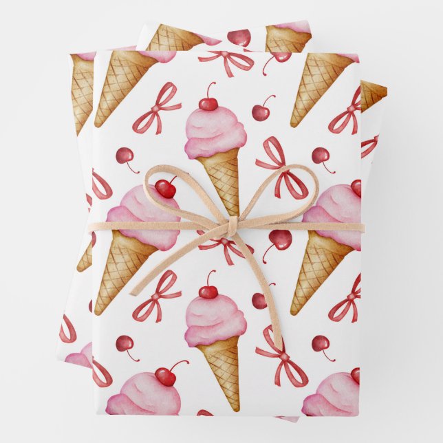 Feuille De Papier Cadeau Aquarelle Bow Pink Ice Cree Cône (En situation)