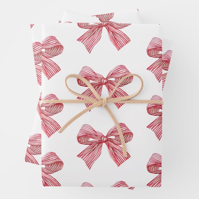 Feuille De Papier Cadeau Aquarelle Bow rayé rouge et blanc (En situation)