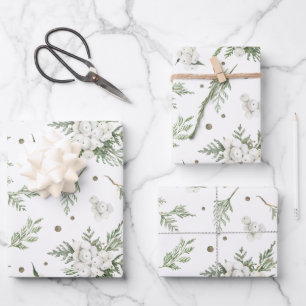 Feuille De Papier Cadeau Aquarelle Branche de Cèdre Blanc de Snowberry Noël