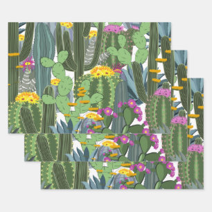 Feuille De Papier Cadeau Aquarelle Cactus et Fleurs de cactus