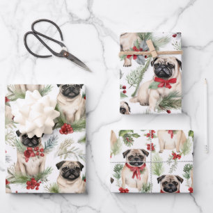 Feuille De Papier Cadeau Aquarelle carlin rustique Noël