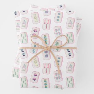 Feuille De Papier Cadeau Aquarelle Carreaux de Mahjong rose et vert