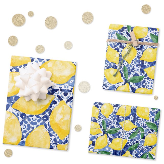 Feuille De Papier Cadeau Aquarelle Carrelage méditerranéen Citron Motif Cit (Watercolor lemons on a blue and white Mediterranean tile background patterned gift wrap sheets)
