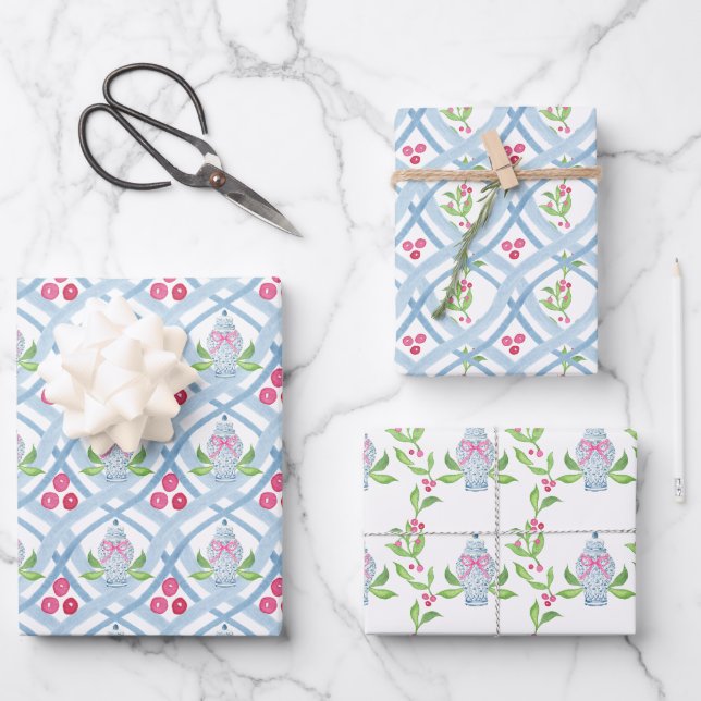 Feuille De Papier Cadeau Aquarelle Chinoiserie Ginger Jars & Holly (Recto)