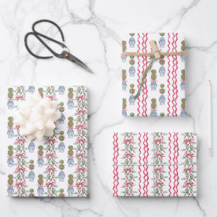 Feuille De Papier Cadeau Aquarelle Chinoiserie Noël Bow rouge Topio