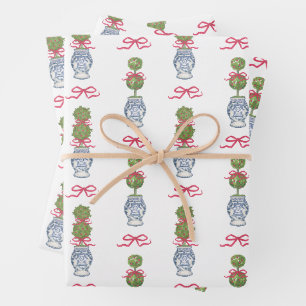 Feuille De Papier Cadeau Aquarelle Chinoiserie Noël Bow rouge Topio