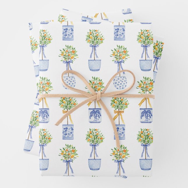 Feuille De Papier Cadeau Aquarelle Chinoiserie Orange Tree Topiary (En situation)