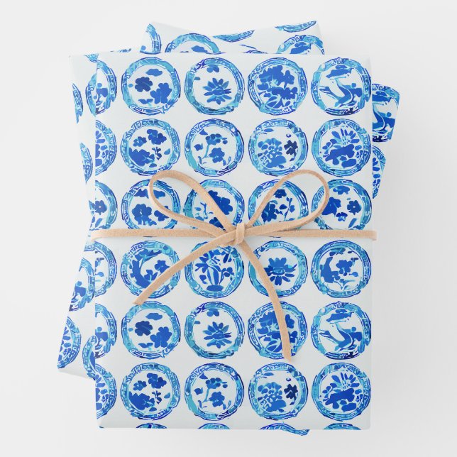 Feuille De Papier Cadeau Aquarelle Chinoiserie Plaques Bleues Motif (En situation)