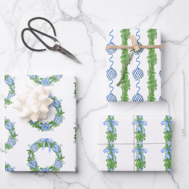 Feuille De Papier Cadeau Aquarelle Chinoiserie Wreath & Garland Christmas (Recto)
