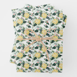 Feuille De Papier Cadeau Aquarelle Citron et Noël Motif Holly