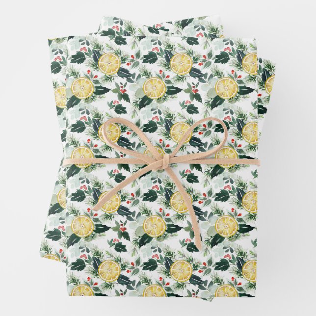 Feuille De Papier Cadeau Aquarelle Citron et Noël Motif Holly (En situation)