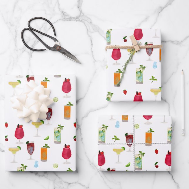 Feuille De Papier Cadeau Aquarelle Cocktails & Boissons de fête (Recto)