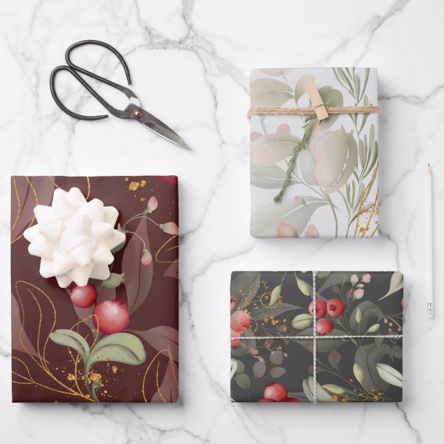 Feuille De Papier Cadeau Aquarelle Cranberry hiver Floral (Recto)