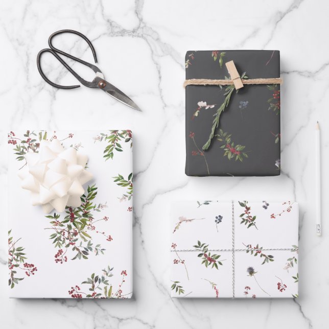 Feuille De Papier Cadeau Aquarelle de Berry d'hiver moderne (Recto)