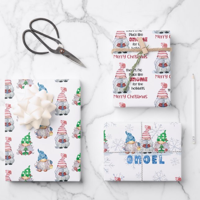 Feuille De Papier Cadeau Aquarelle de Noël Gnomes mignons (Recto)