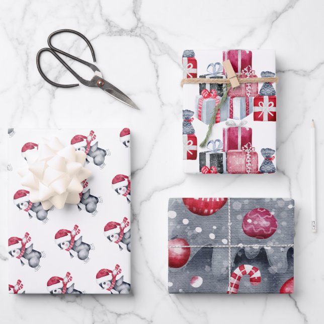 Feuille De Papier Cadeau Aquarelle de Noël noir blanc (Recto)