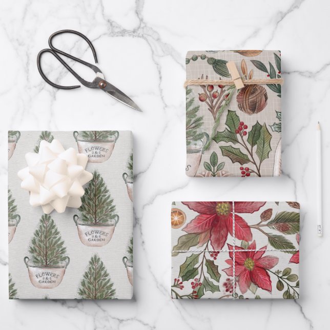 Feuille De Papier Cadeau Aquarelle de Noël rustique (Recto)