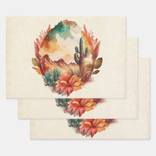 Feuille De Papier Cadeau Aquarelle Désert Cactus et Montagnes