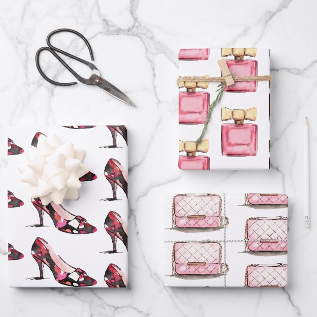 Feuille De Papier Cadeau Aquarelle Designer Chaussures Sac & Parfum (Recto)