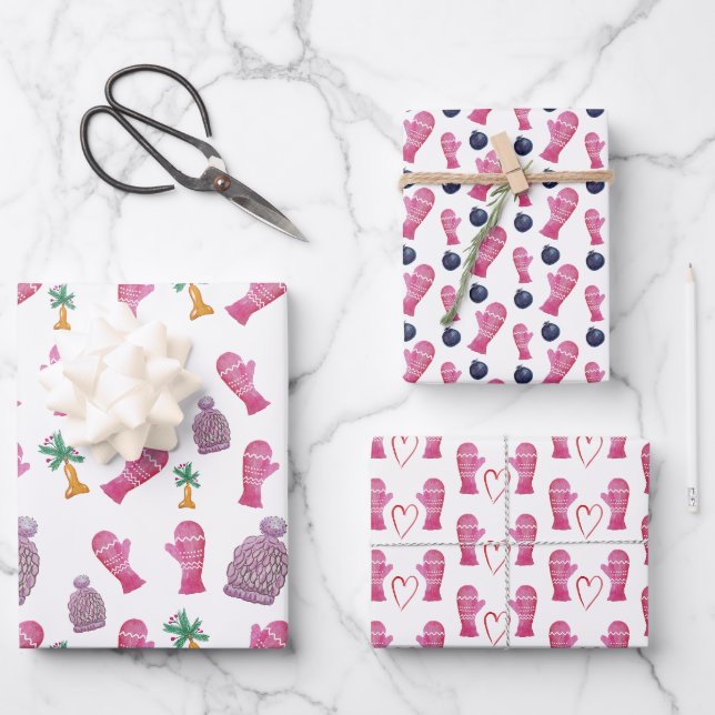 Feuille De Papier Cadeau Aquarelle d'hiver en rose (Recto)
