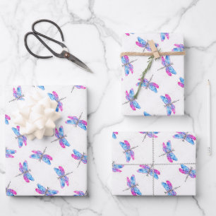 Feuille De Papier Cadeau Aquarelle dragonale rose bleu classique