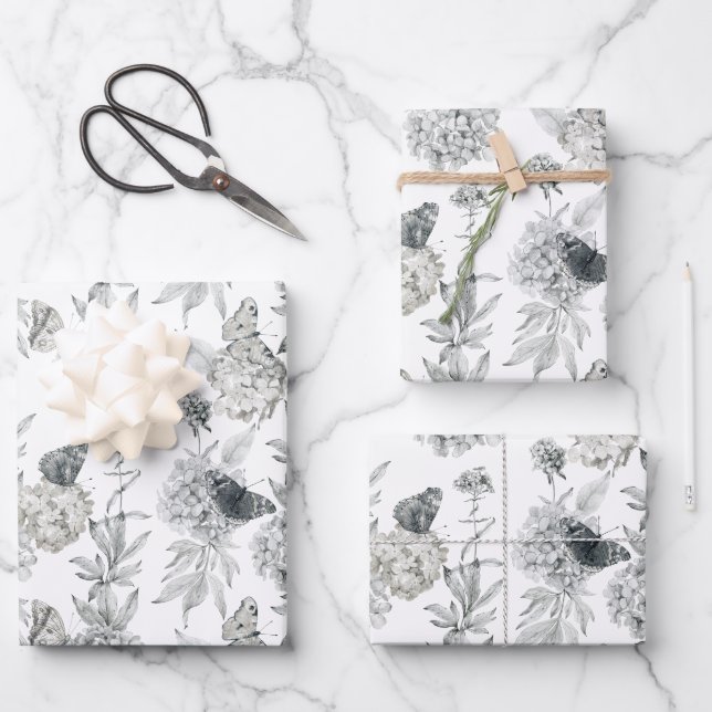 Feuille De Papier Cadeau Aquarelle Elégante Floral Grey Hydrangea (Recto)