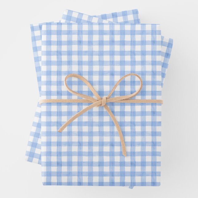 Feuille De Papier Cadeau Aquarelle En vichy bleu (En situation)