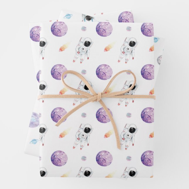 Feuille De Papier Cadeau Aquarelle Espace Galaxie Astronaut (En situation)
