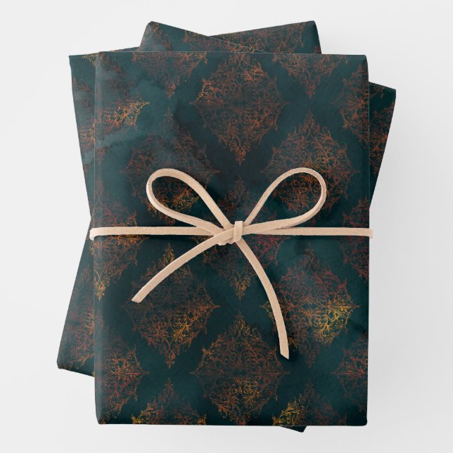 Feuille De Papier Cadeau Aquarelle et motif Damas de patine de cuivre (En situation)