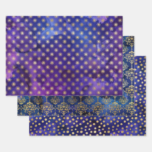 Feuille De Papier Cadeau Aquarelle Étoiles Dorées & Motifs Damassés
