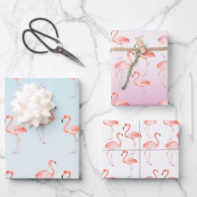 Feuille De Papier Cadeau Aquarelle Flamants roses roses   (Recto)