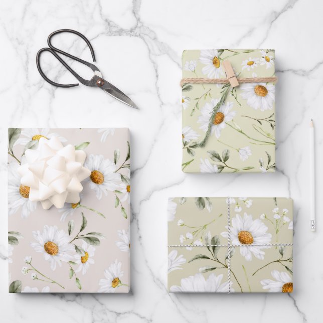 Feuille De Papier Cadeau Aquarelle Fleur de marguerite sauvage florale (Recto)