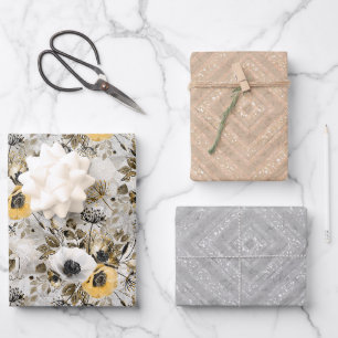 Feuille De Papier Cadeau Aquarelle fleurs blanches jaunes
